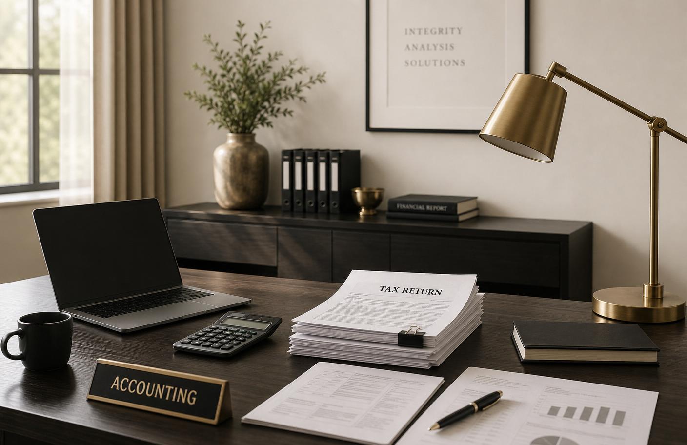 Professional accounting desk with laptop, calculator, tax documents, and financial reports